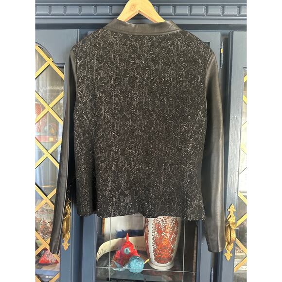 St John Couture Tweed wool Blazer Jacket Size 12 Black Leather Trim  button Knit - Picture 4 of 11